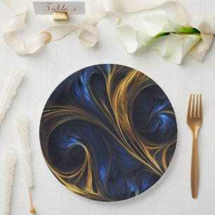 Royal Blue Gold Abstract Swirl Paper Plate
