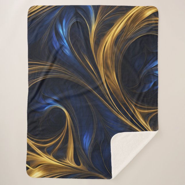 Royal Blue Gold Abstract Swirl Sherpa Blanket (Front)