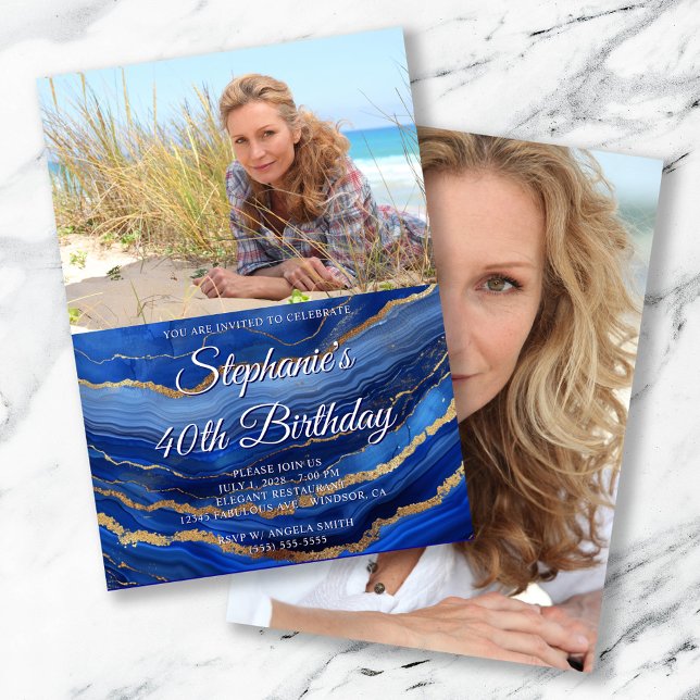 Royal Blue Gold Agate Elegant Photo 40th Birthday Invitation (Royal Blue Gold Agate Elegant Script 40th Birthday)