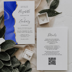 Royal Blue Gold Agate QR Code Wedding Invitation