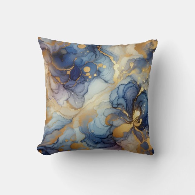 Royal Blue + Gold Alcohol Ink Marble Throw Pillow (Front)