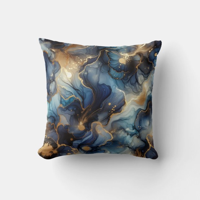Royal Blue + Gold Alcohol Ink Marble Throw Pillow (Front)