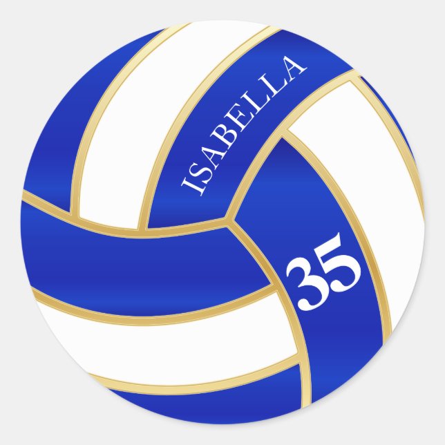 Royal Blue, Gold and White Volleyball- Personalise Classic Round Sticker (Front)