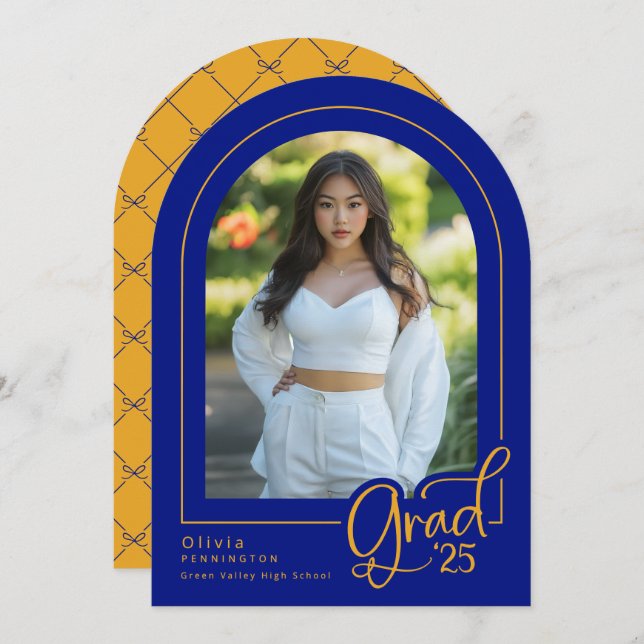Royal Blue Gold Arch Photo Graduation Announcement (Front/Back)