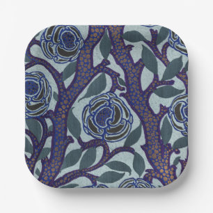 Royal Blue & Gold Art Deco Rose Floral Decor Paper Plate