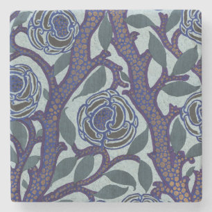 Royal Blue & Gold Art Deco Rose Floral Decor Stone Coaster