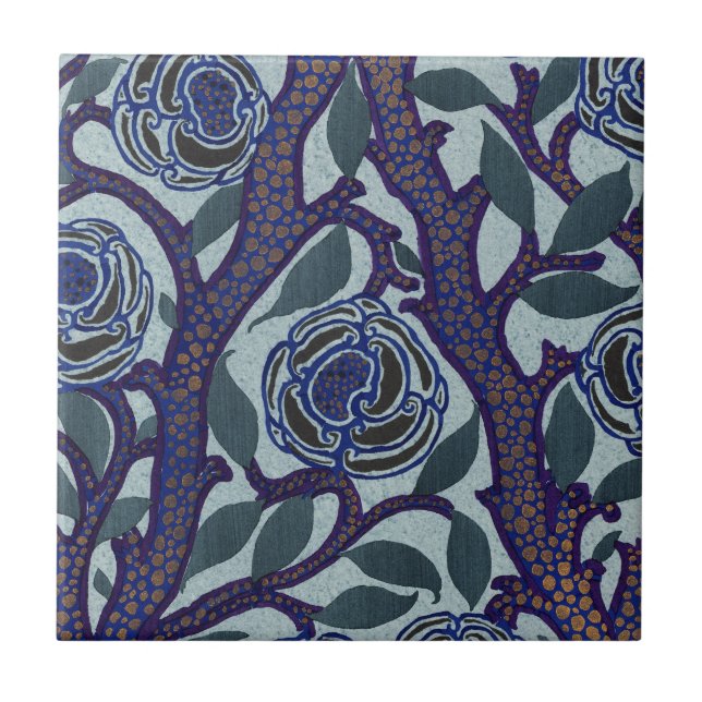 Royal Blue & Gold Art Deco Rose Floral Decor Tile (Front)