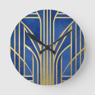 Royal Blue Gold Art Deco Round Clock