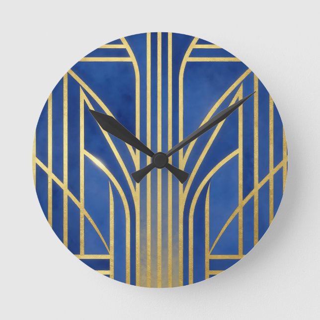 Royal Blue Gold Art Deco Round Clock (Front)