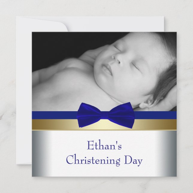 Royal Blue Gold Baby Boy Photo Christening Invitation (Front)