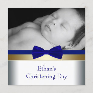 Royal Blue Gold Baby Boy Photo Christening Invitation