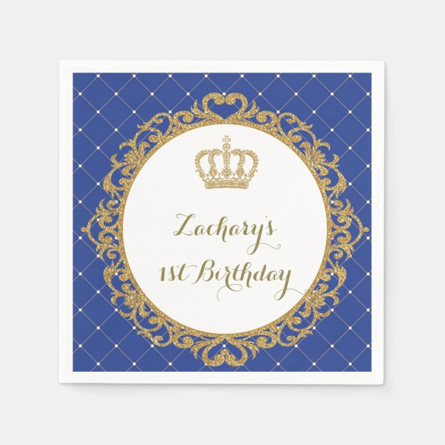 Royal Blue Gold Baby Prince Birthday Paper Napkin (Front)