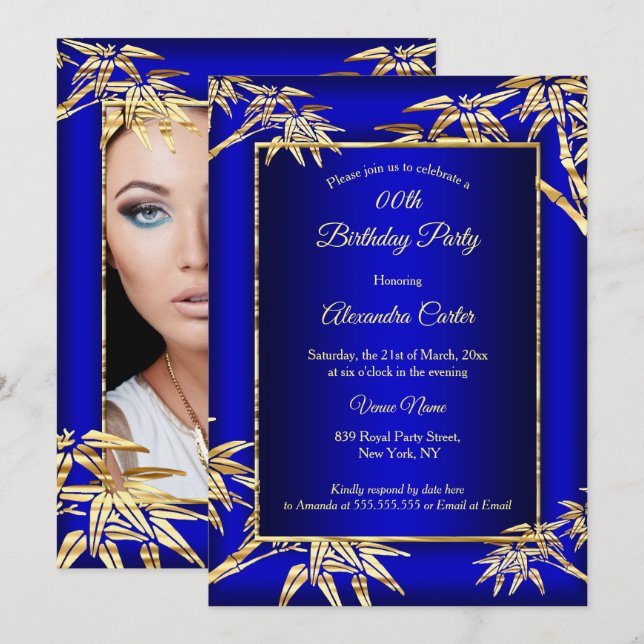 Royal Blue Gold Bamboo photo Birthday Party Invitation (Front/Back)