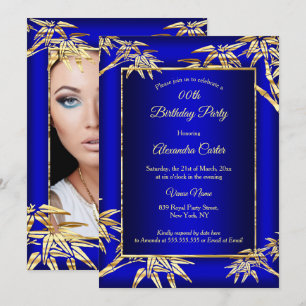 Royal Blue Gold Bamboo photo Birthday Party Invitation