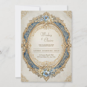 Royal Blue Gold Baroque Ornate Oval Frame Wedding Invitation