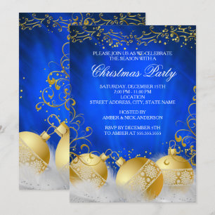 Royal Blue Gold Bauble White Christmas Party Invitation