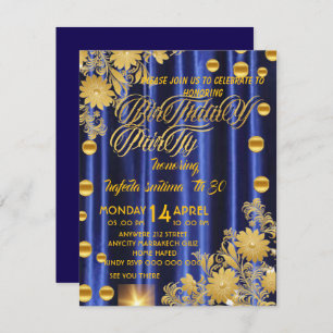 Royal Blue Gold Birthday Party Invitation, Womans Invitation
