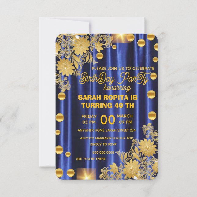 Royal Blue Gold Birthday Party Invitation, Womans  Invitation (Front)