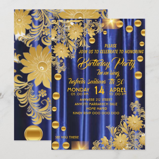 Royal Blue Gold Birthday Party Invitation, Womans  Invitation (Front/Back)