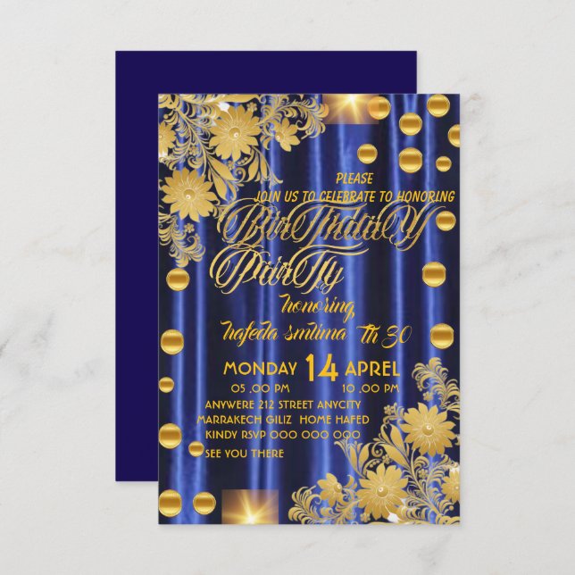 Royal Blue Gold Birthday Party Invitation, Womans  Invitation (Front/Back)
