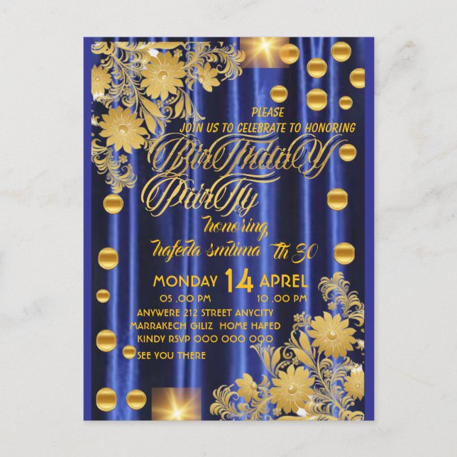 Royal Blue Gold Birthday Party Invitation, Womans  Postcard (Front)
