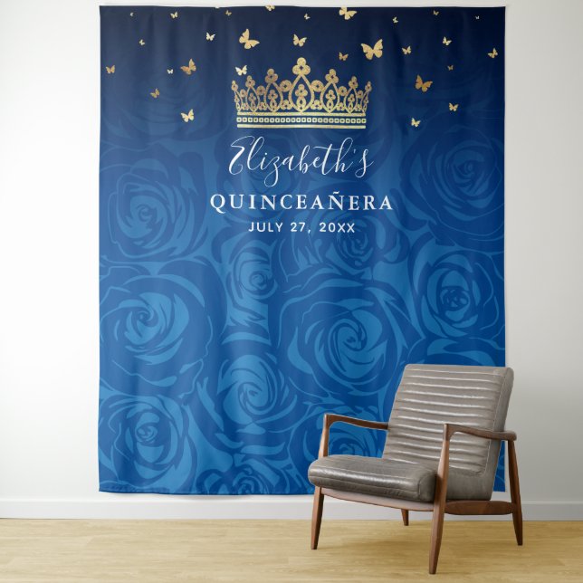 Royal Blue Gold Black Floral Quinceanera Photo Tapestry (In Situ)