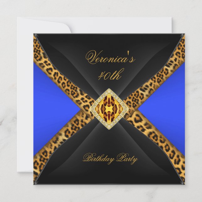 Royal Blue Gold Black Leopard Jewel 40th Birthday Invitation (Front)