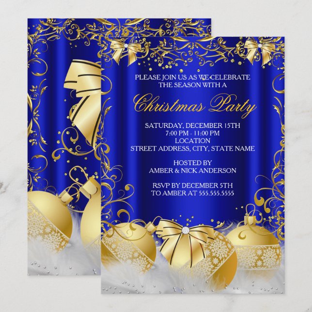 Royal Blue Gold Bow Bauble White Christmas Party Invitation (Front/Back)