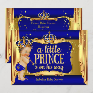 Royal Blue Gold Boy Prince Baby Shower Brunette Invitation