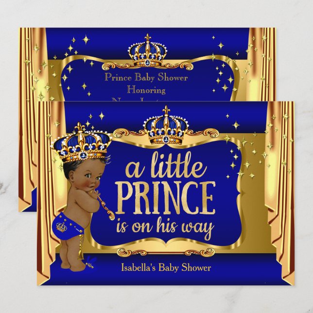 Royal Blue Gold Boy Prince Baby Shower Ethnic Invitation (Front/Back)