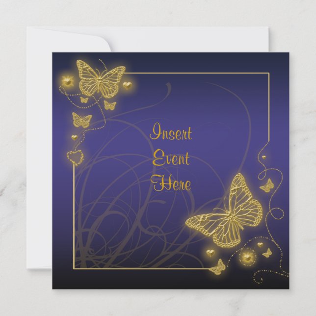 Royal blue gold butterfly elegant invitation (Front)