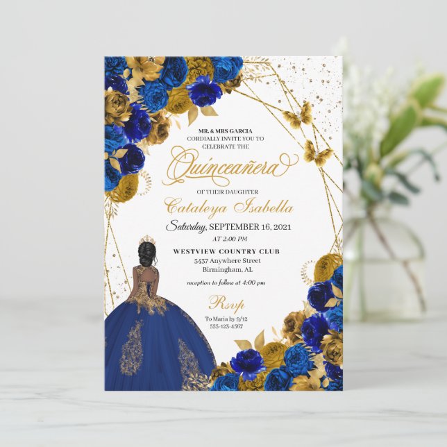 Royal Blue Gold Butterfly Princess Quinceanera Invitation (Standing Front)