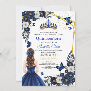 Royal Blue Gold Butterfly Quinceañera Invite
