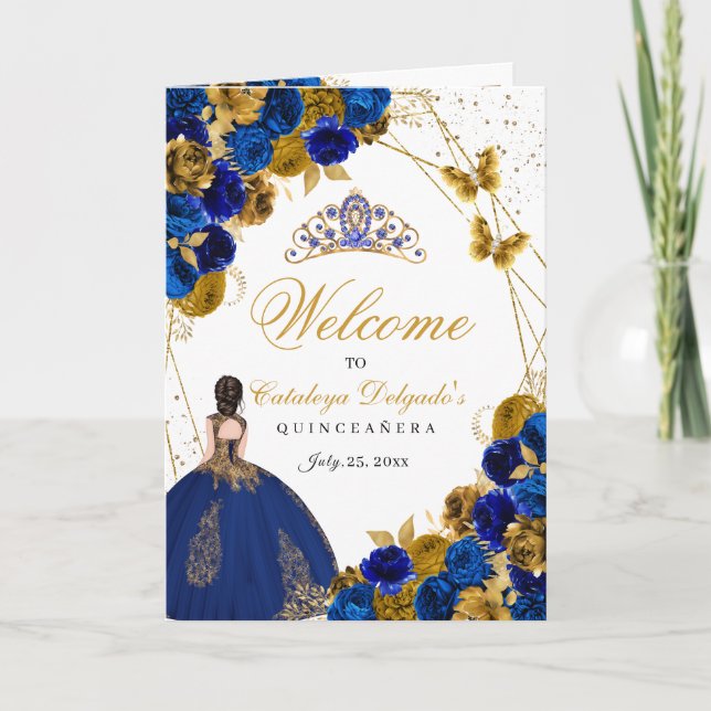Royal Blue & Gold Butterfly Quinceanera Program Invitation (Front)