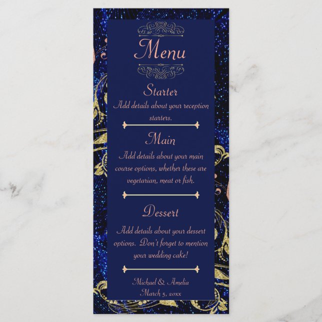 Royal Blue Gold Butterfly Wedding Menu (Front)