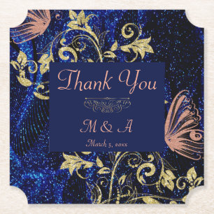 Royal Blue Gold Butterfly Wedding Paper Coaster