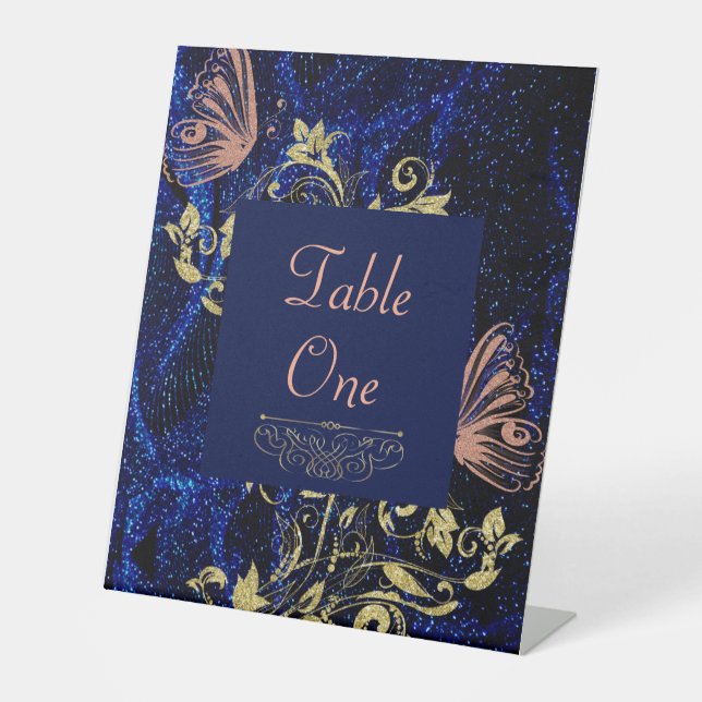 Royal Blue Gold Butterfly Wedding Pedestal Sign (Front)