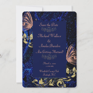 Royal Blue Gold Butterfly Wedding Save the Date