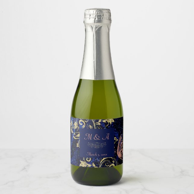 Royal Blue Gold Butterfly Wedding Sparkling Wine Label (Front)