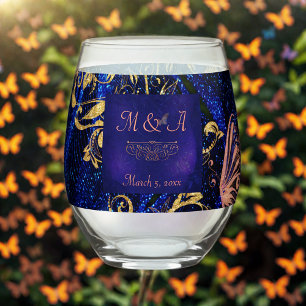 Royal Blue Gold Butterfly Wedding Stemless Wine Glass