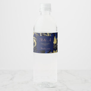 Royal Blue Gold Butterfly Wedding Water Bottle Label