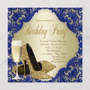 Royal Blue Gold Champagne Birthday Party Invitation