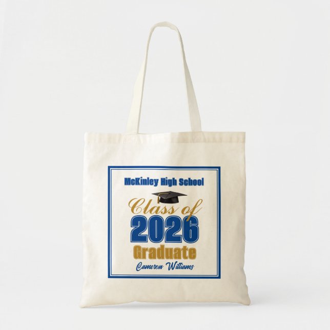 Royal Blue Gold Class of 2026 Graduation Custom Tote Bag (Front)