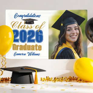 Royal Blue Gold Class of 2026 Graduation Party Banner