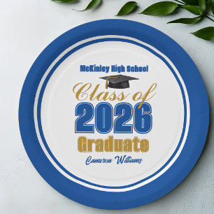 Royal Blue Gold Class of 2026 Graduation Party Paper Plate