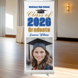 Royal Blue Gold Class of 2026 Graduation Party Retractable Banner