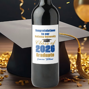 Royal Blue Gold Class of 2026 Graduation Party Wine Label