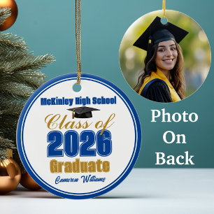 Royal Blue Gold Class of 2026 Graduation Photo Ceramic Tree Decoration