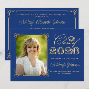 Royal Blue, Gold Class of 2026 Photo Graduation Invitation