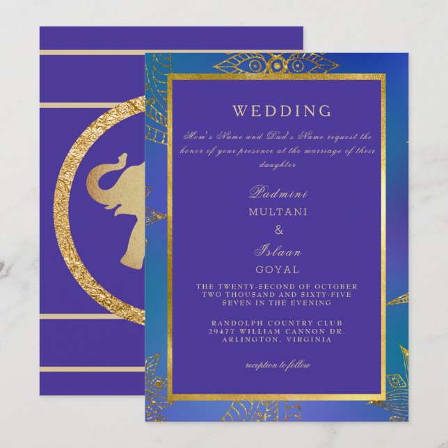 Royal Blue & Gold Colourful Wedding Invitation (Front/Back)